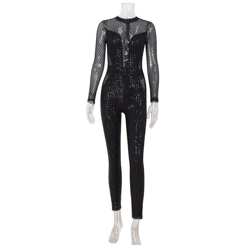 Combinaison Noire à Sequins & Voile – Cabaret des Ombres