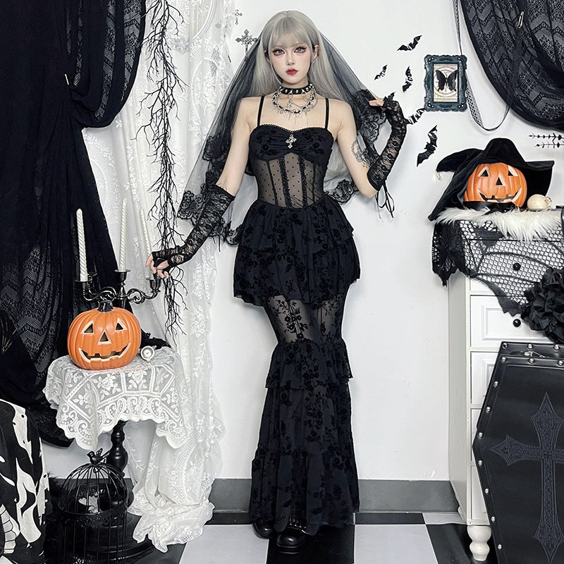 Robe longue gothique en mousseline noire