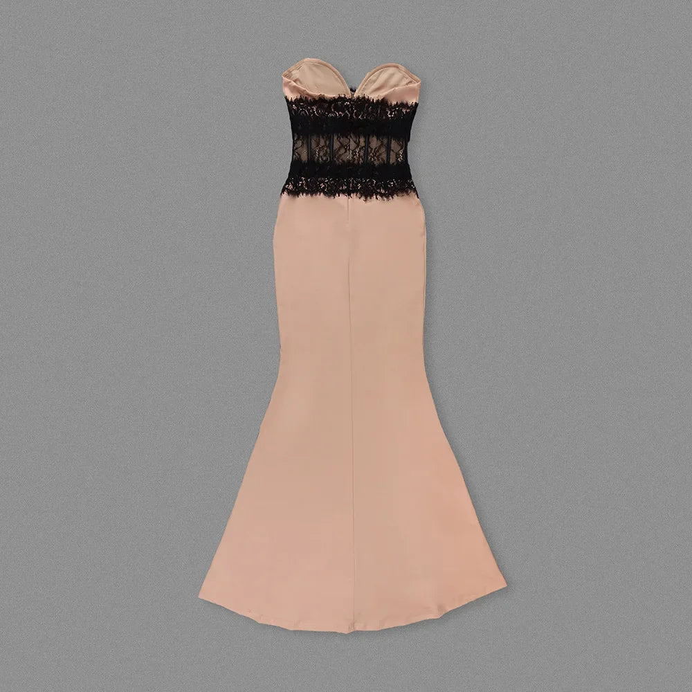 🖤 Robe longue « Mirage d’Obsidienne » – Nude & dentelle noire