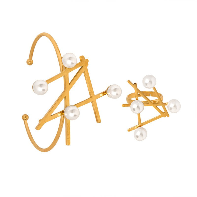 🖤 Parure « Sigil Céleste » – Bracelet & Bague Dorés aux Perles