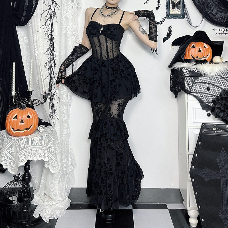 Robe longue gothique en mousseline noire