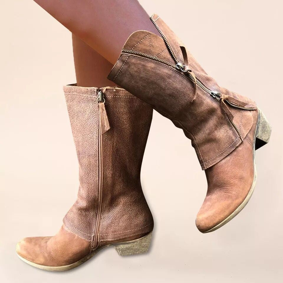 Bottes Femme Vintage – Cuir Effet Vieilli, Boucle & Talon Épais