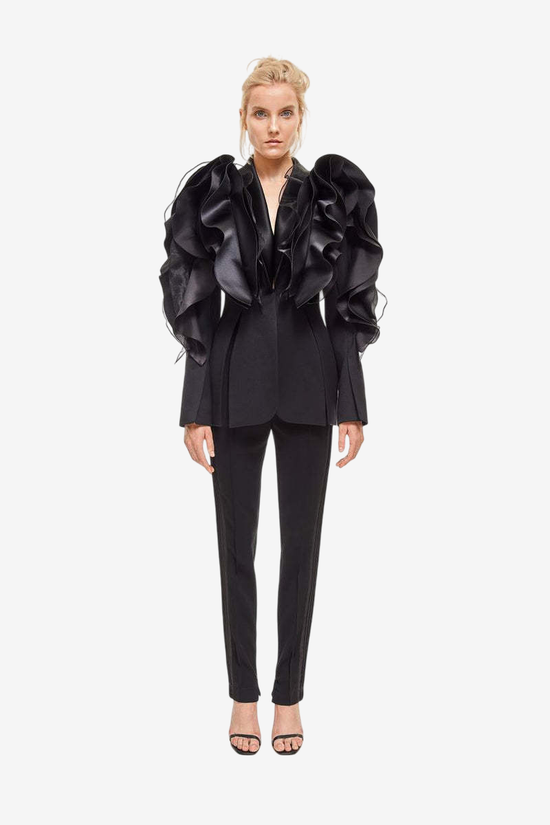 Blazer Nocturne à Volants Sculptés – Femme