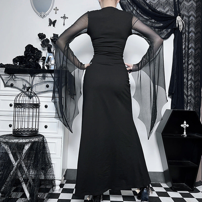 Robe Reine des Abysses – Noire Fendue aux Manches Voilées