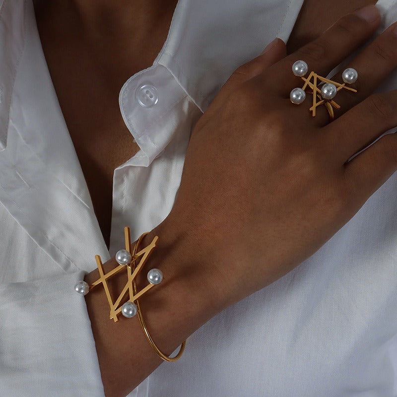 🖤 Parure « Sigil Céleste » – Bracelet & Bague Dorés aux Perles
