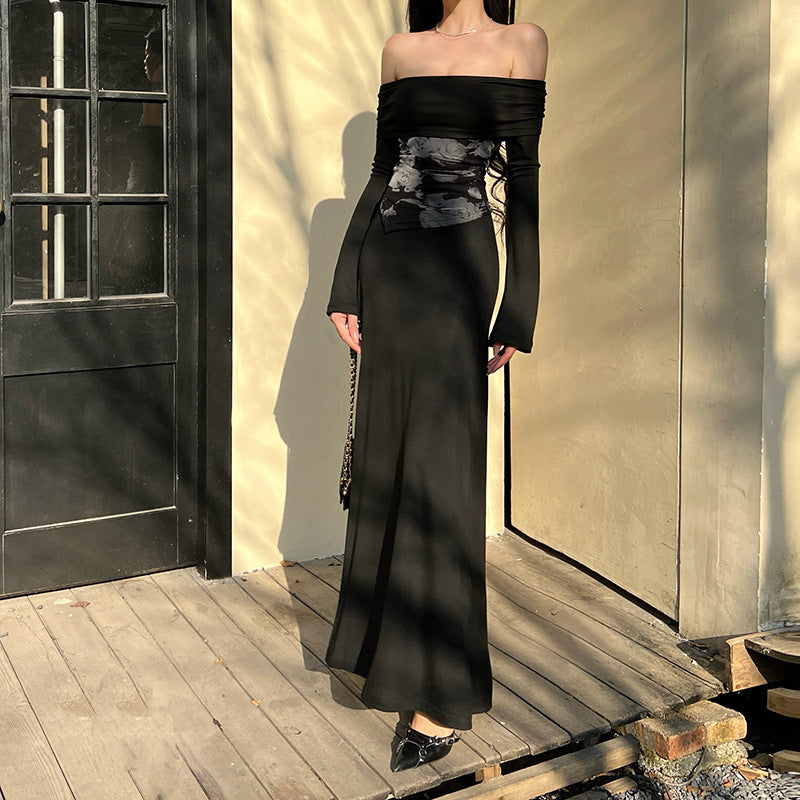 🖤 L’Étreinte de l’Ange Déchu — Robe Longue Noire Asymétrique