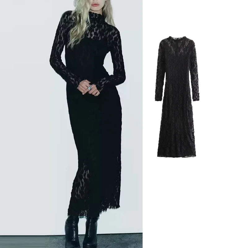 Le Serment de l’Ange Déchu — Robe Longue Noire en Dentelle