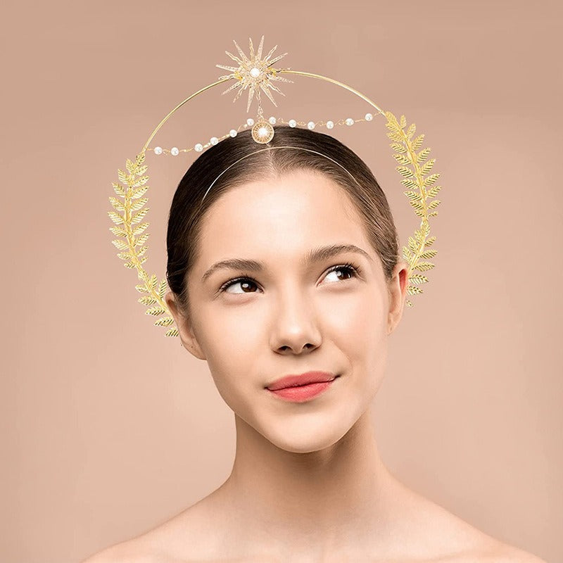 Couronne Céleste Dorée & Boucles d’Oreilles – Déesse Solaire