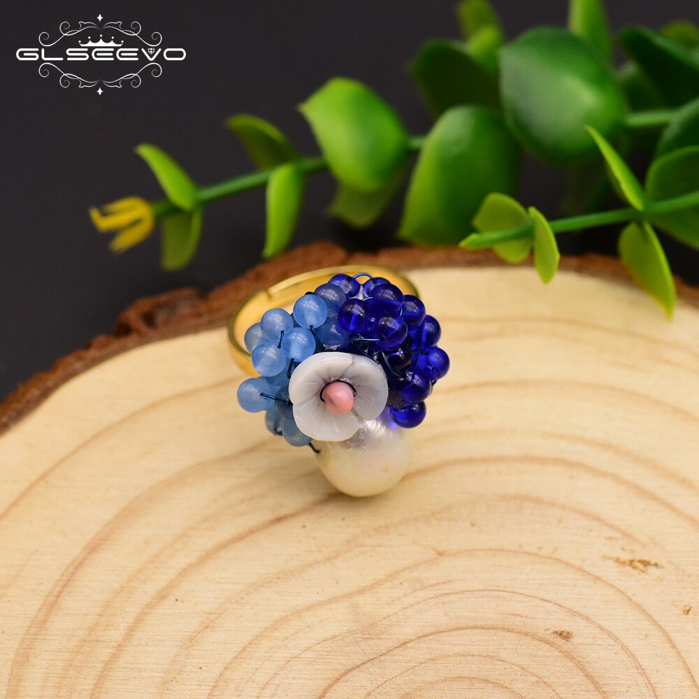 💍 Bague Fleur des Abysses – Perle naturelle & éclats bleus