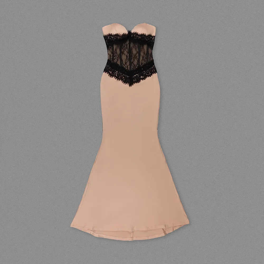 🖤 Robe longue « Mirage d’Obsidienne » – Nude & dentelle noire
