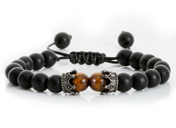 Bracelet Tissé en Pierres Noires & Éclat Ambré – Homme