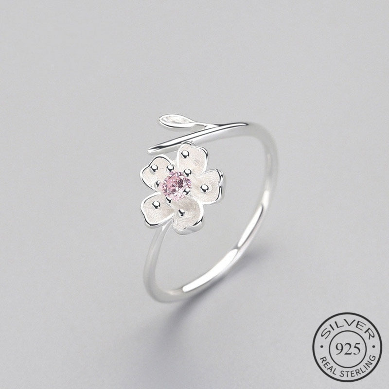 Bague Fleur de Prunier – Argent 925, Zircons & Émail