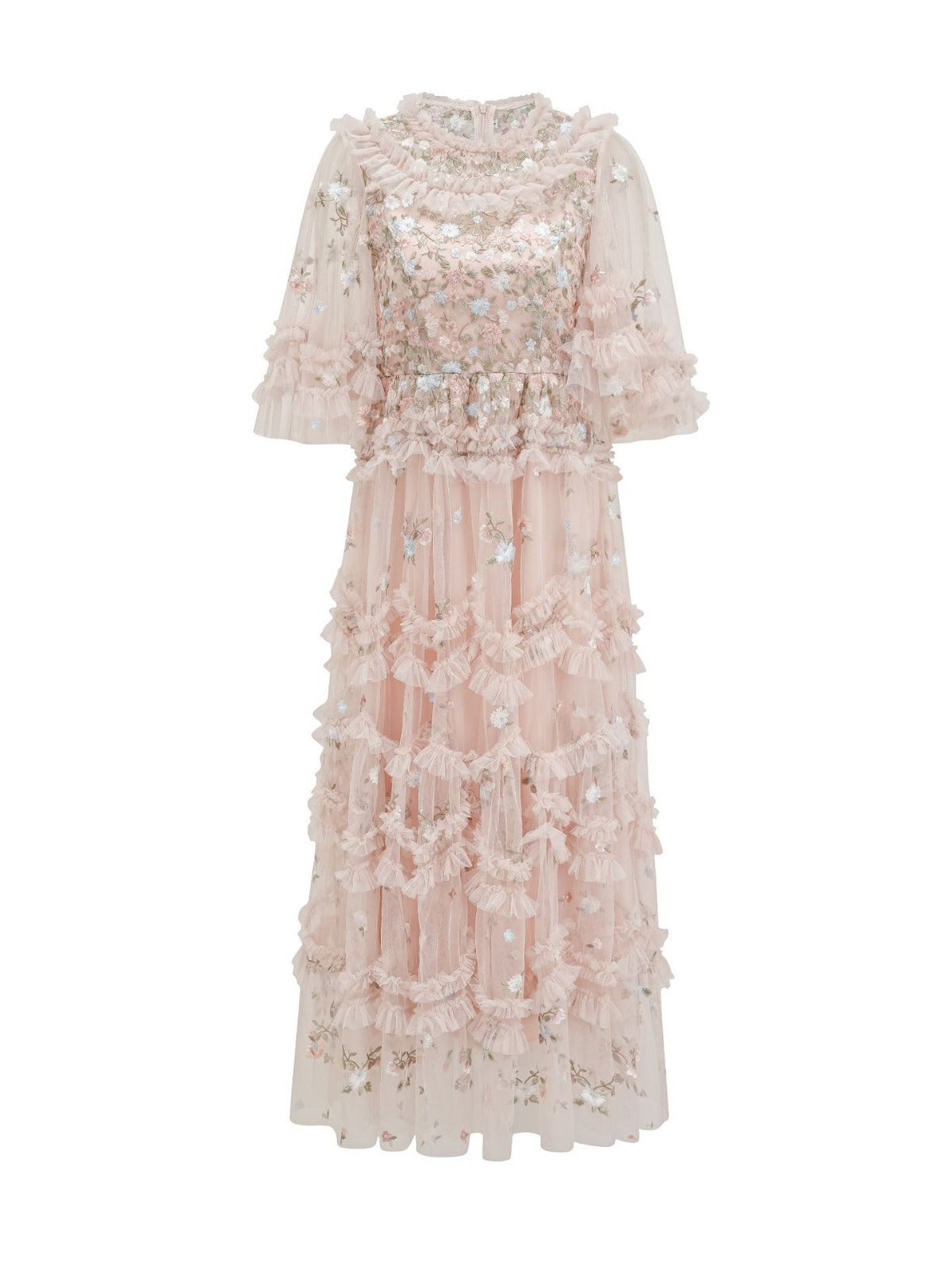 🪽 Robe Longue « Rosée des Anges » – Tulle Brodé Rose Poudré