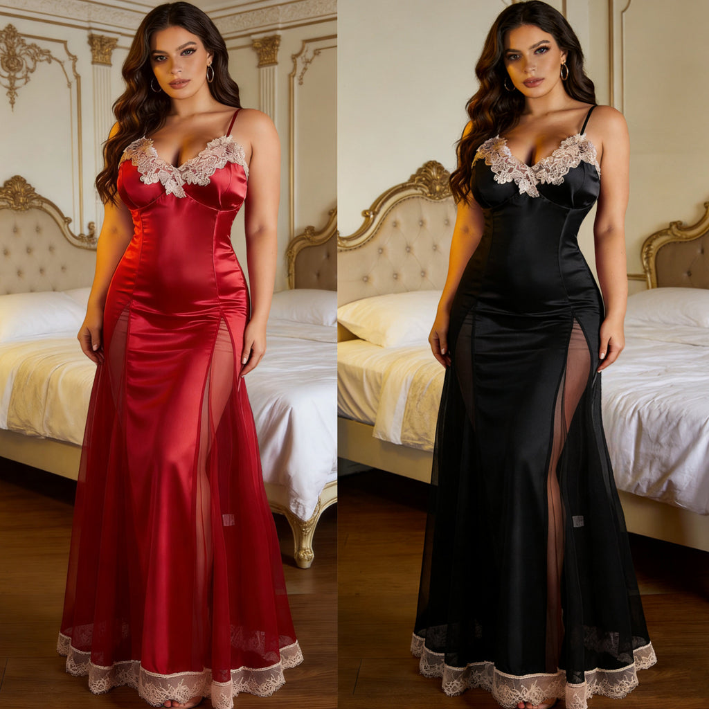 🩸 Étreinte de Minuit — Robe Satinée à Dentelle