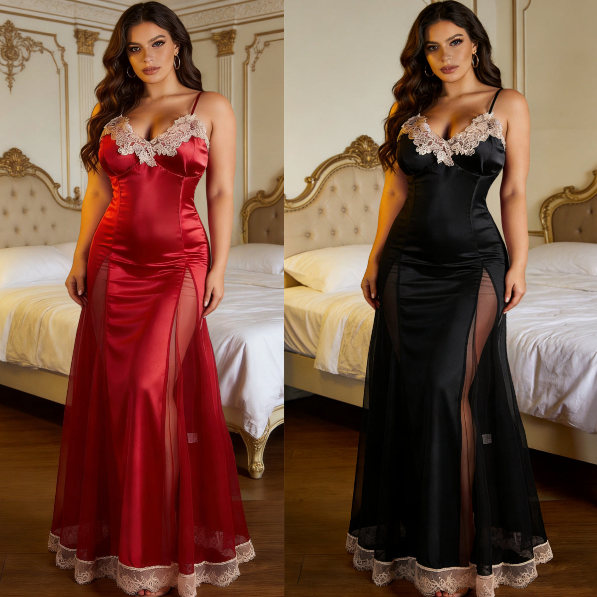 🩸 Étreinte de Minuit — Robe Satinée à Dentelle