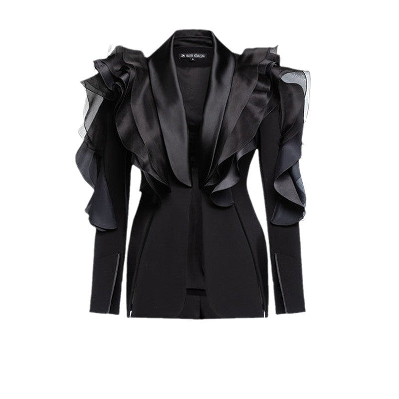 Blazer Nocturne à Volants Sculptés – Femme