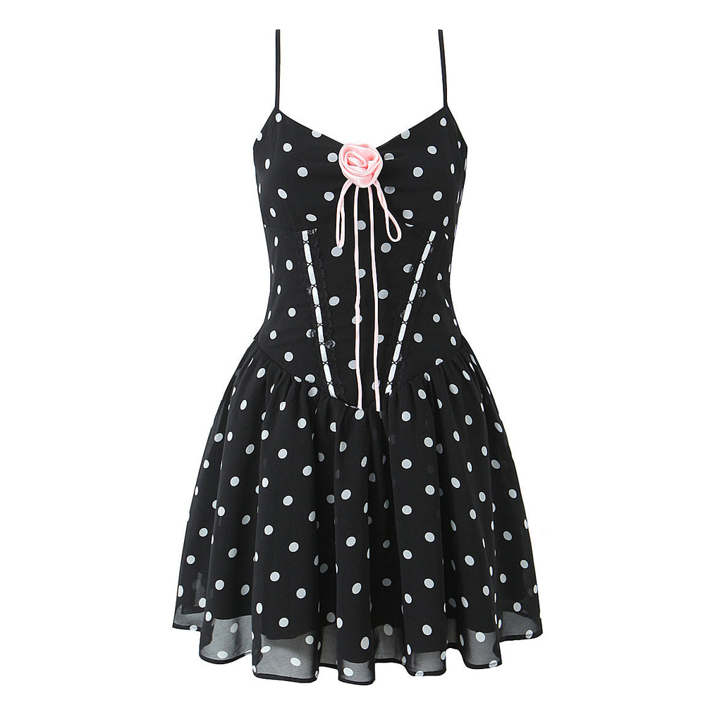 Robe Courte Asymétrique Noire à Pois & Fleurs