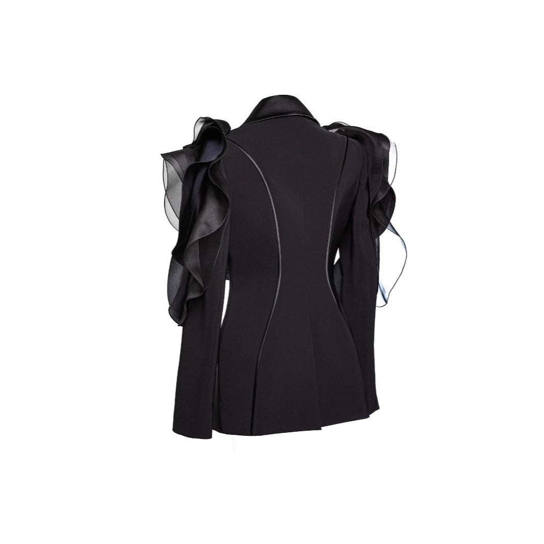 Blazer Nocturne à Volants Sculptés – Femme