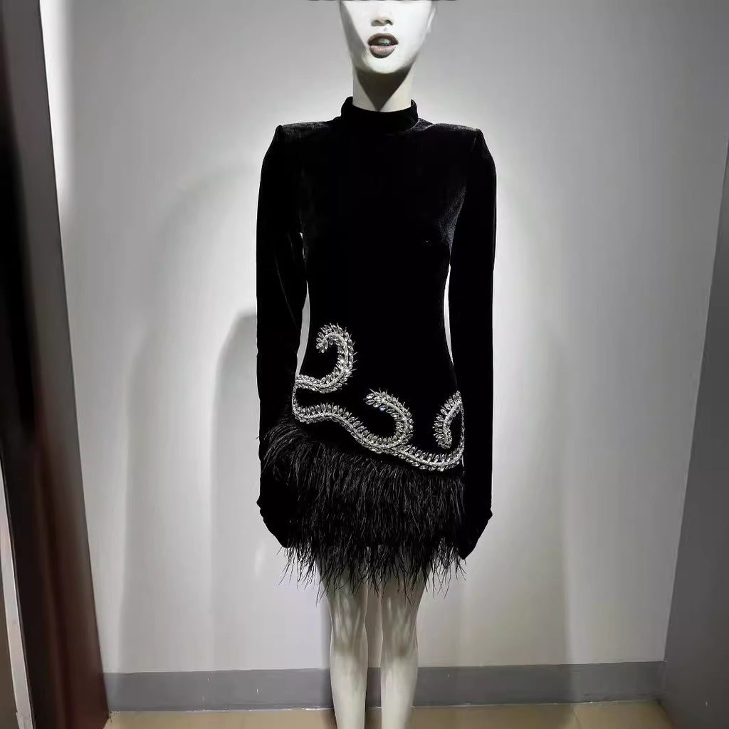 Robe Noire Haute Couture aux Plumes & Éclats de Cristal