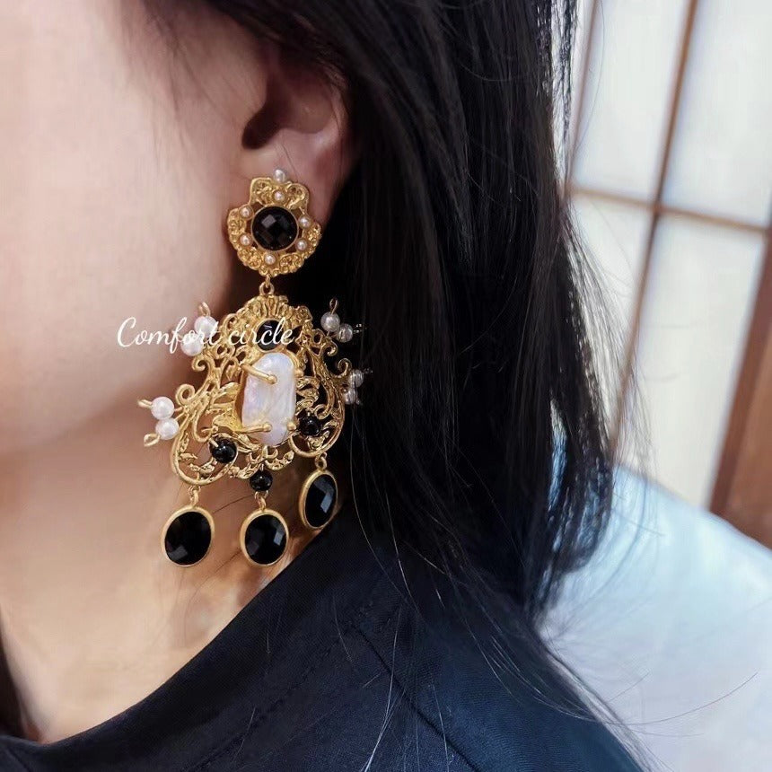Les Reliques de Salem — Boucles d’Oreilles Baroques Noires & Nacrées