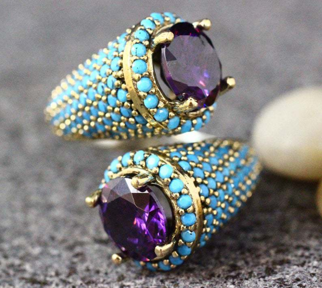 L’Œil de la Bohémienne — Bague Turquoise & Améthyste