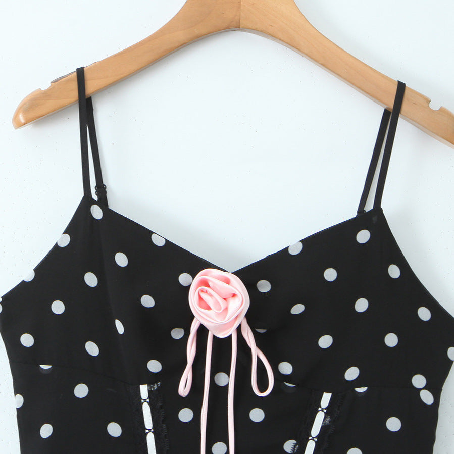 Robe Courte Asymétrique Noire à Pois & Fleurs