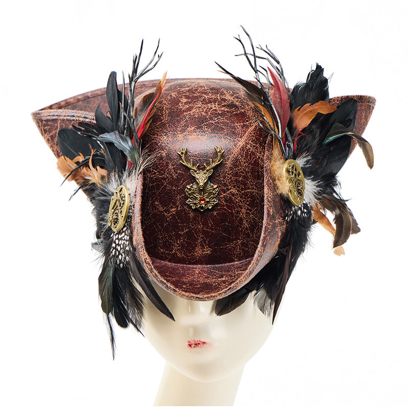 Chapeau Pirate des Abysses – Cuir Sombre, Plumes & Engrenages