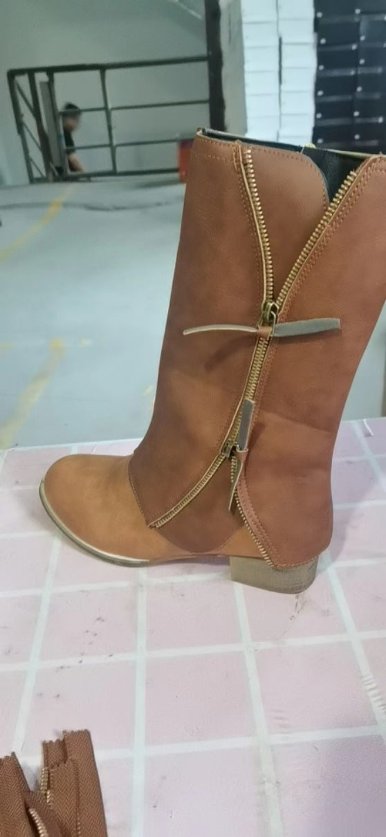 Bottes Femme Vintage – Cuir Effet Vieilli, Boucle & Talon Épais