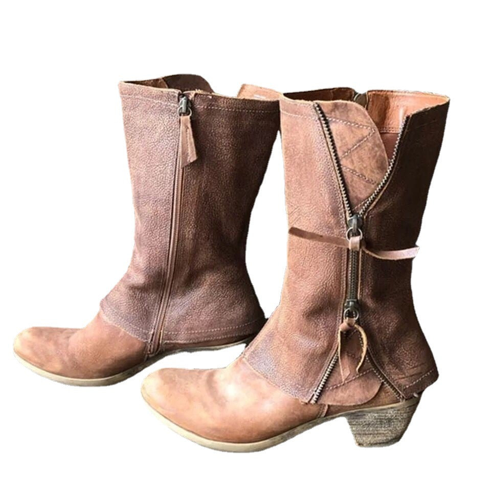 Bottes Femme Vintage – Cuir Effet Vieilli, Boucle & Talon Épais