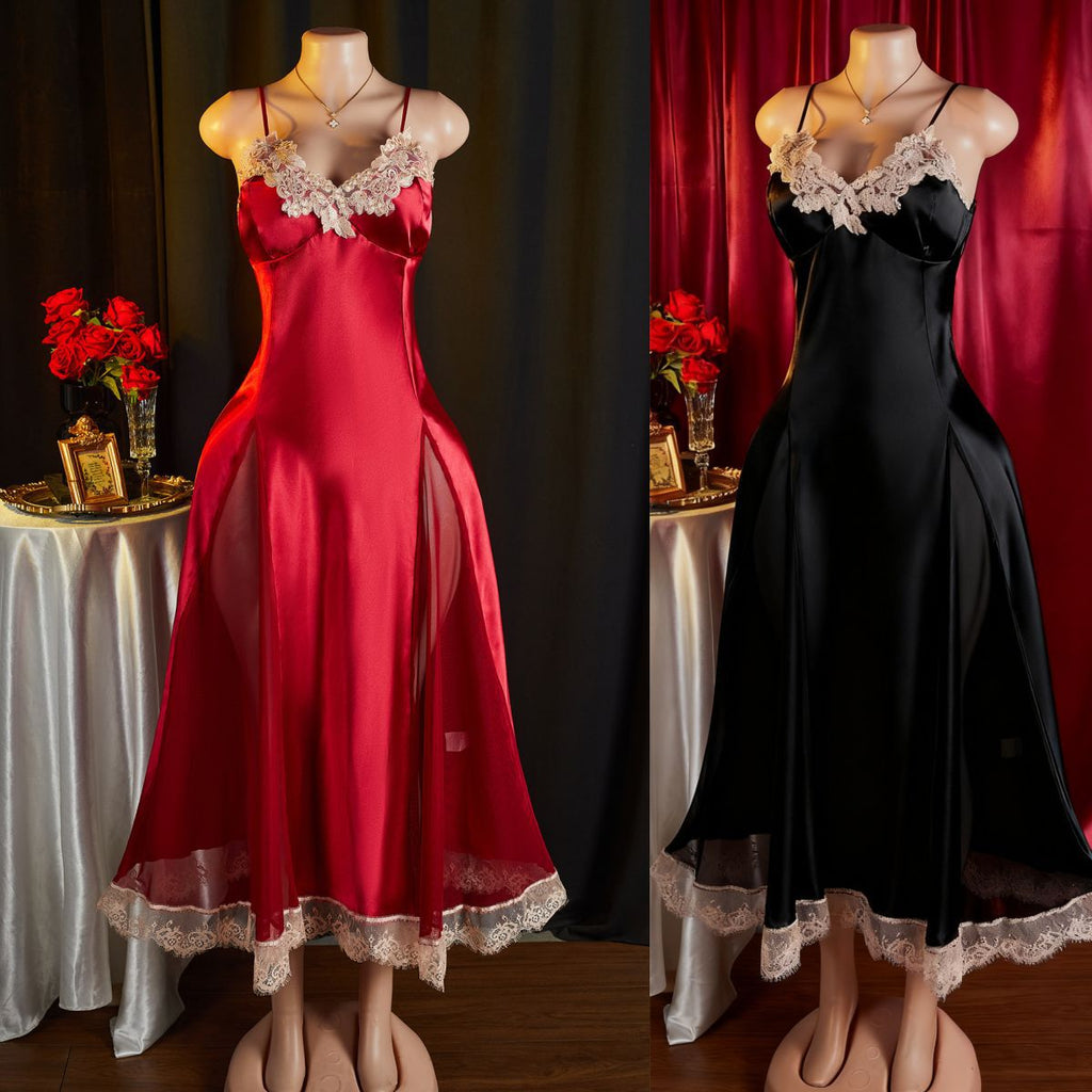 🩸 Étreinte de Minuit — Robe Satinée à Dentelle