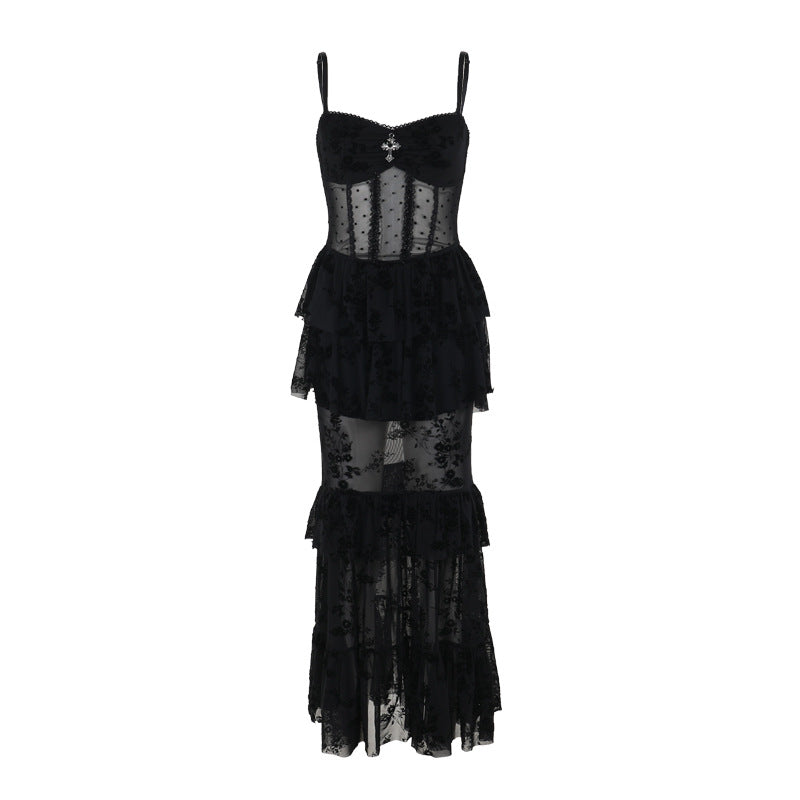 Robe longue gothique en mousseline noire