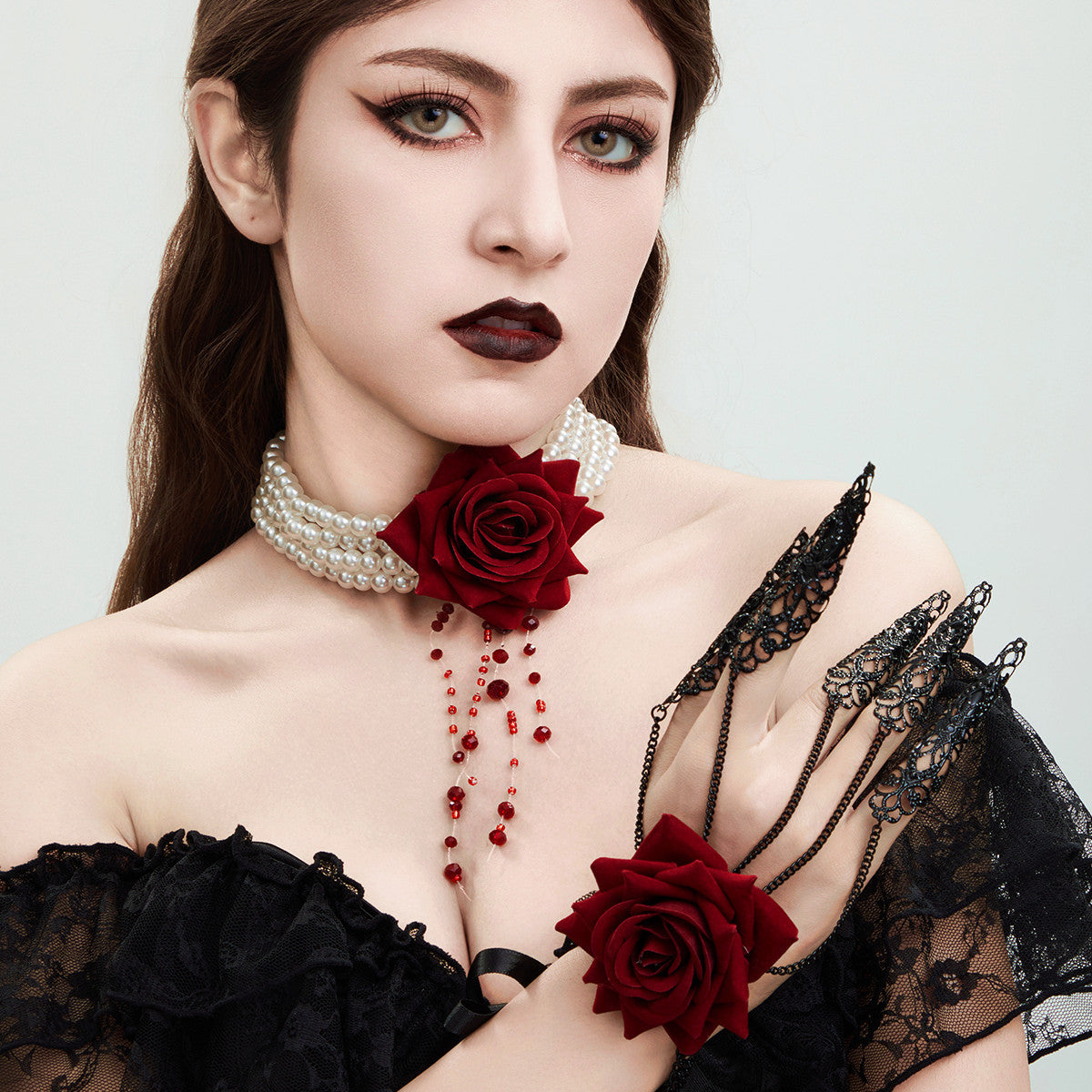 Parure Gothique Rose Noire & Gouttes de Sang