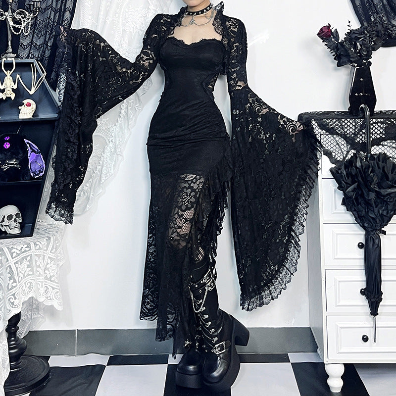 ❄️ The Black Queen's Veil — Long Goth Lace Dress