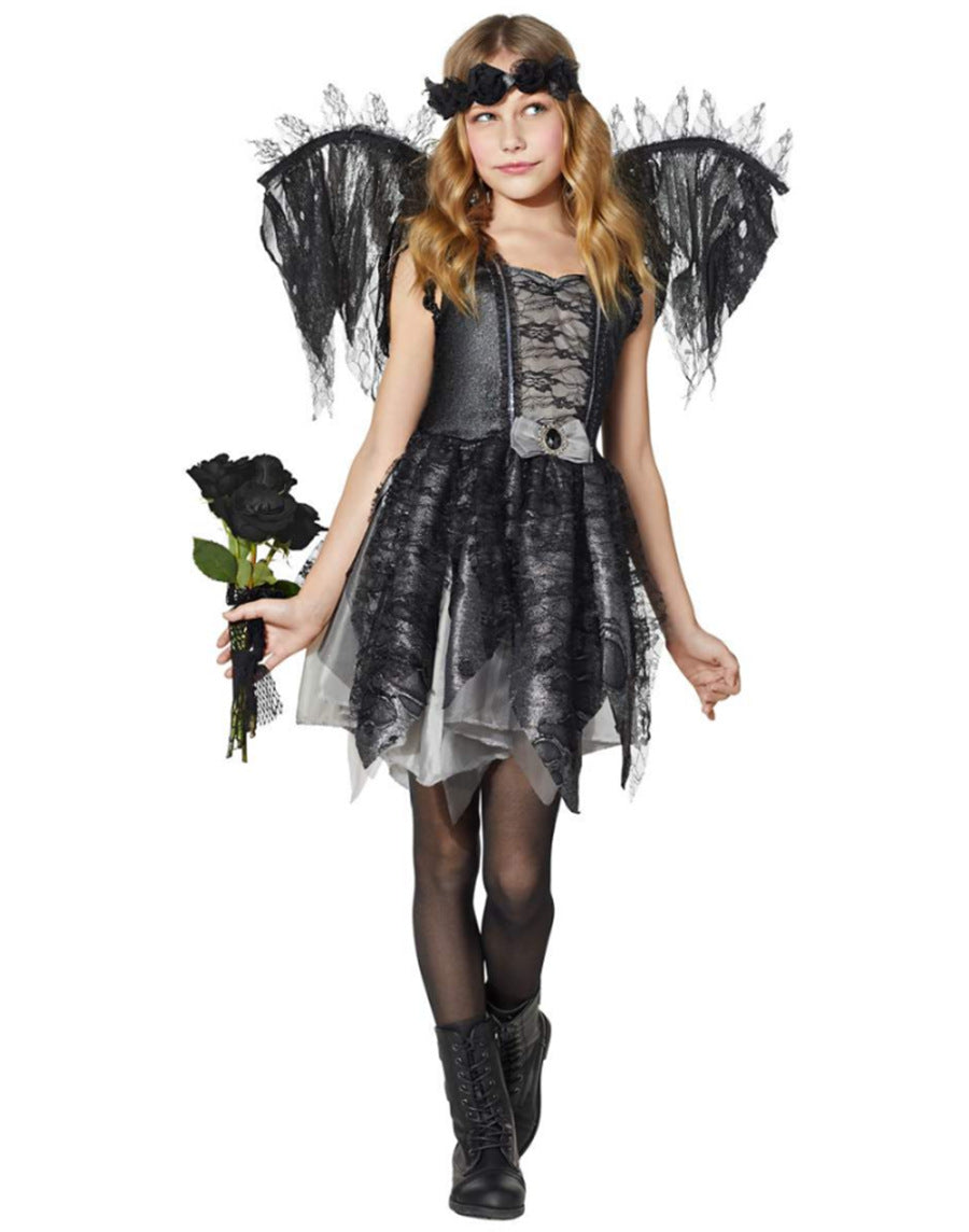 Robe Enfant Ange Déchu – Ailes Noires & Dentelle Gothique