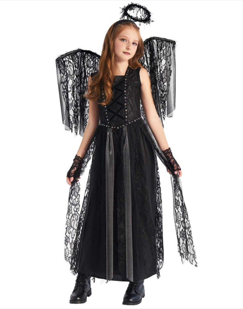 Robe Enfant Ange Déchu – Ailes Noires & Dentelle Gothique