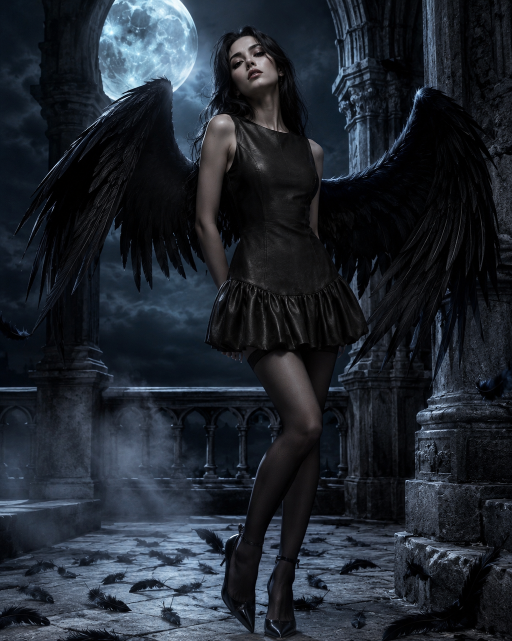 L’Exilée des Cieux — Robe Noire Effet Cuir