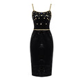 Robe de soirée noire à sequins & ornements dorés – Élégance nocturne