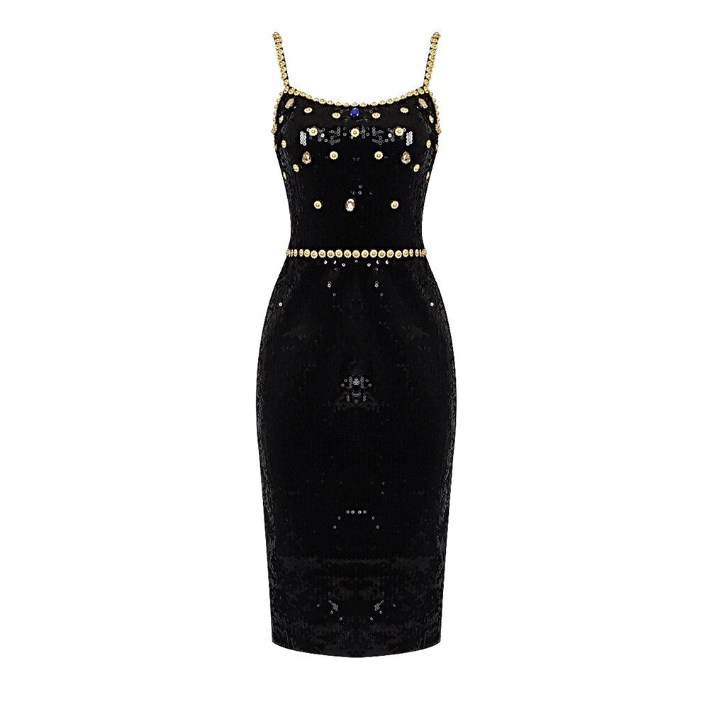 Robe de soirée noire à sequins & ornements dorés – Élégance nocturne