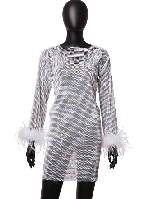 Robe Ange de Givre – Strass Scintillants & Plumes