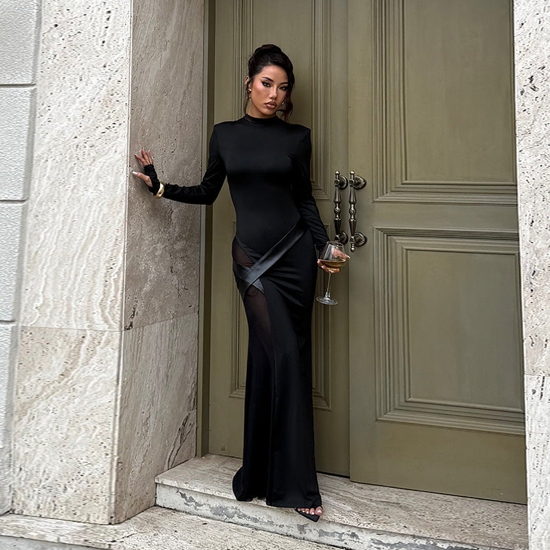 🖤 Robe longue noire « Éclipse » – Épaules structurées