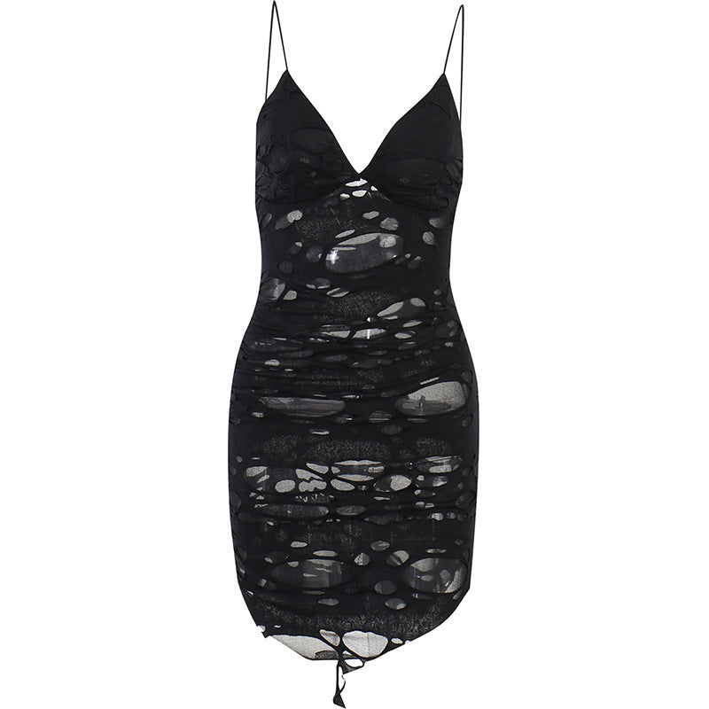 Robe Sirène Noire Déchirée – Voile Ajouré & Silhouette Sculptée