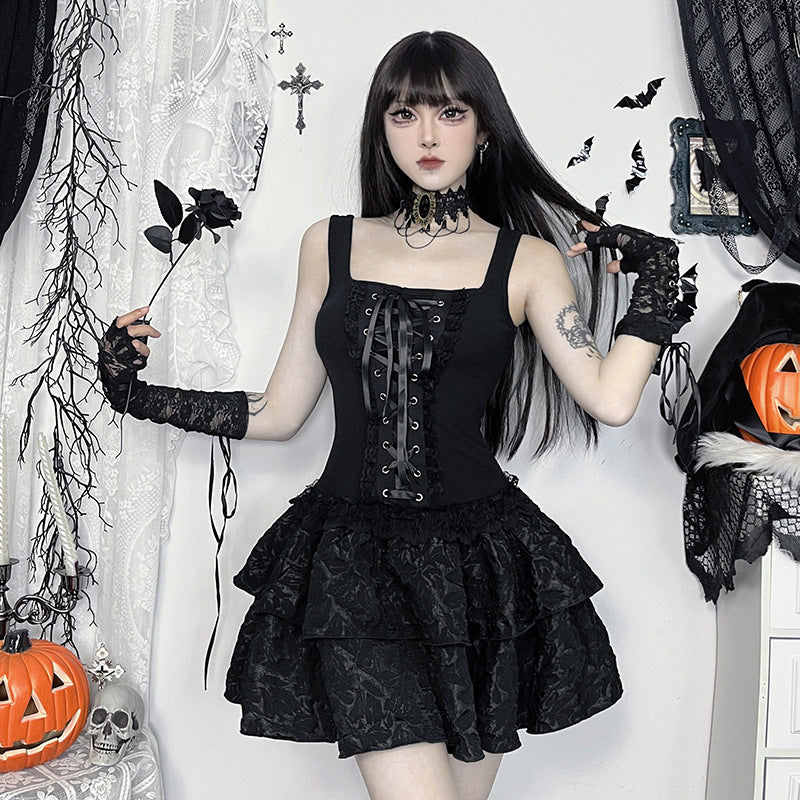 Robe Corset Noire à Volants – Cabaret des Ombres