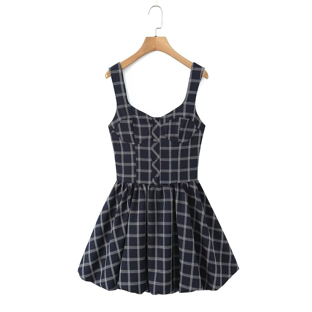 Classic Retro Plaid, Deep U-Neck, A-Line, Mini Dress