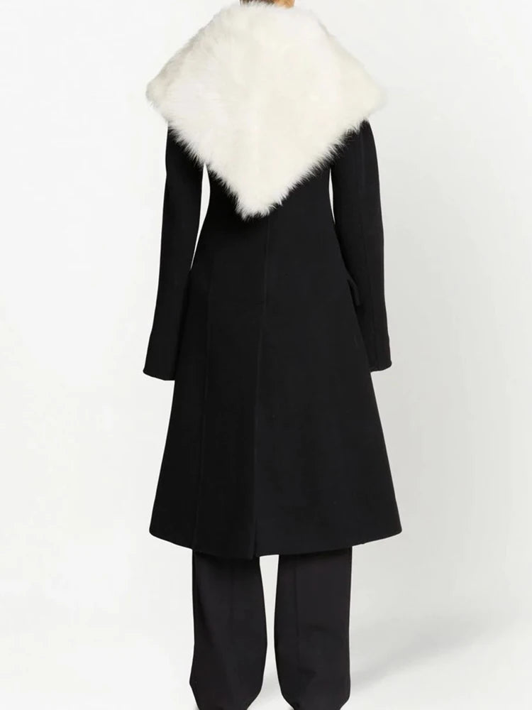 Manteau Impérial de l’Hiver Noir – Grand Col Fourrure & Coupe Longue