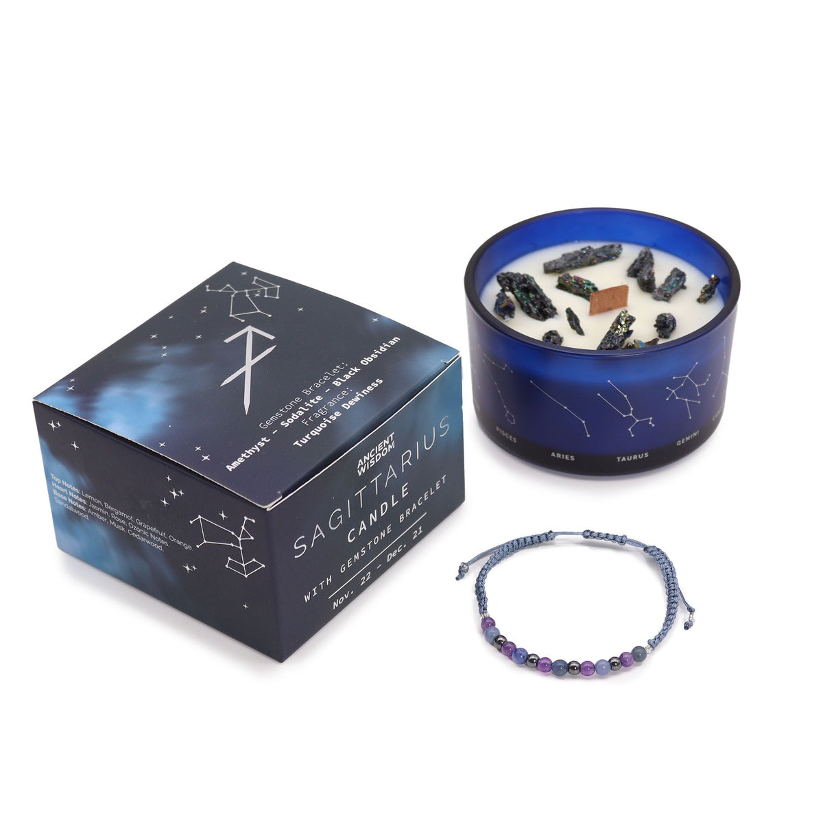 Bougie Cristal Sagittaire avec Bracelet en Pierres