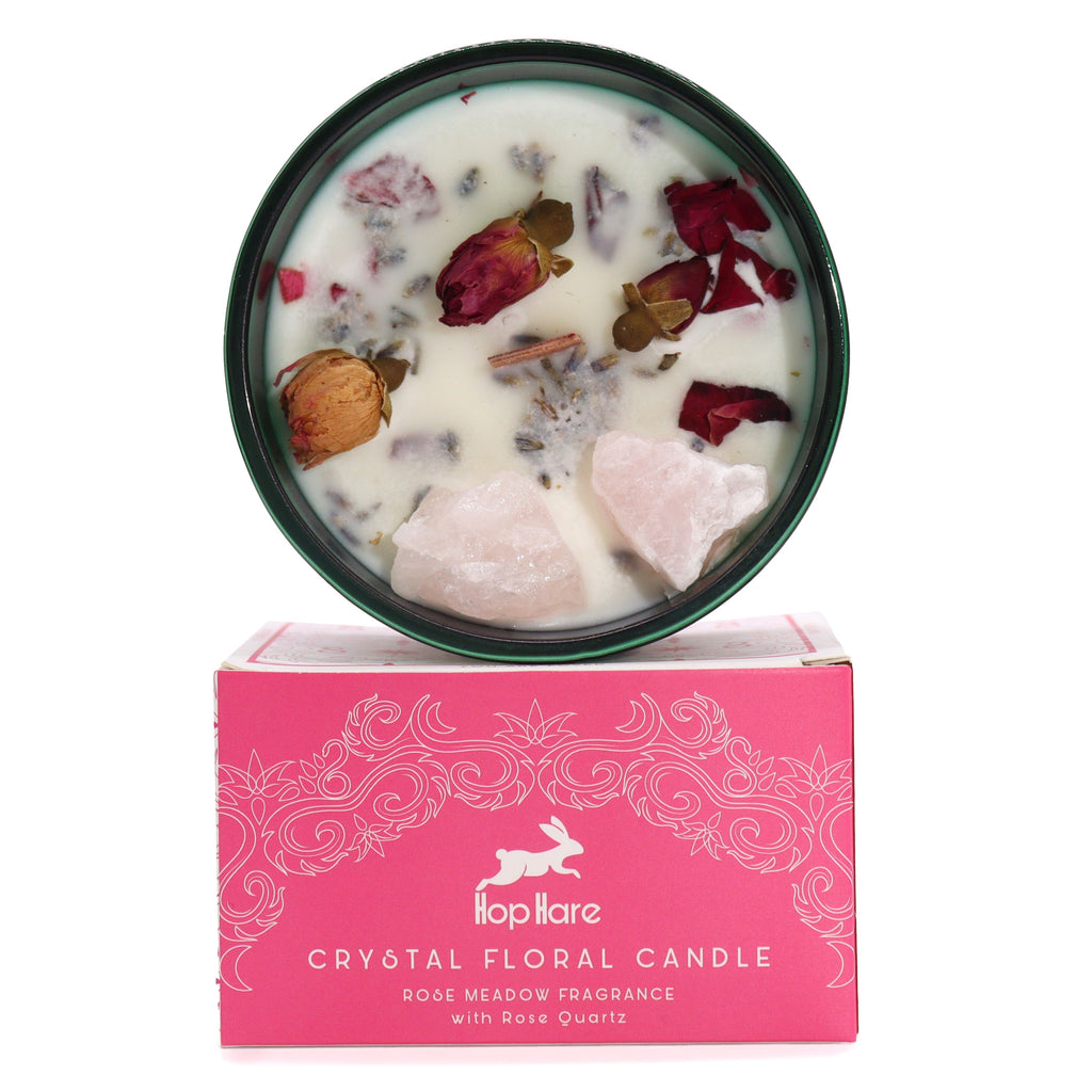 Bougie Mystique Les Amoureux – Quartz Rose & Fleurs 🌹🔮