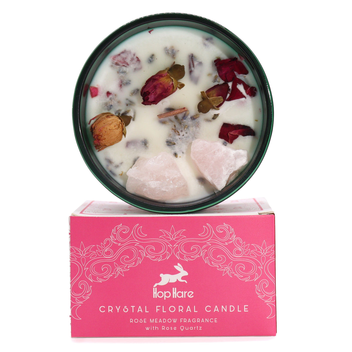 Bougie Mystique Les Amoureux – Quartz Rose & Fleurs 🌹🔮