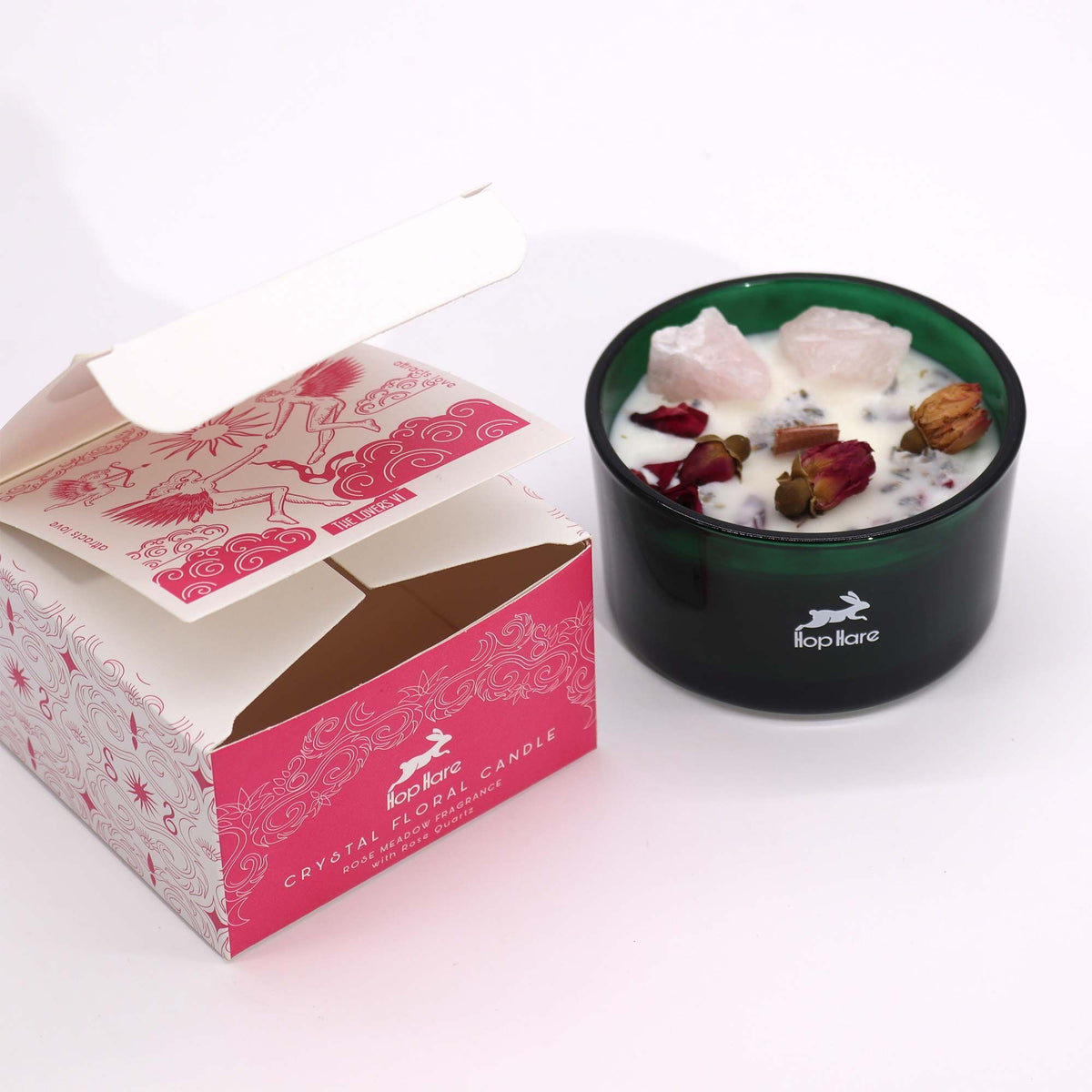 Bougie Mystique Les Amoureux – Quartz Rose & Fleurs 🌹🔮